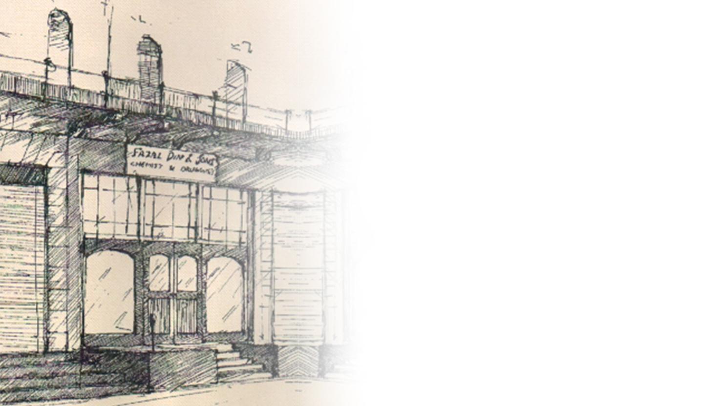 Sketch of the original Fazal Din & Sons pharmacy storefront in Lahore