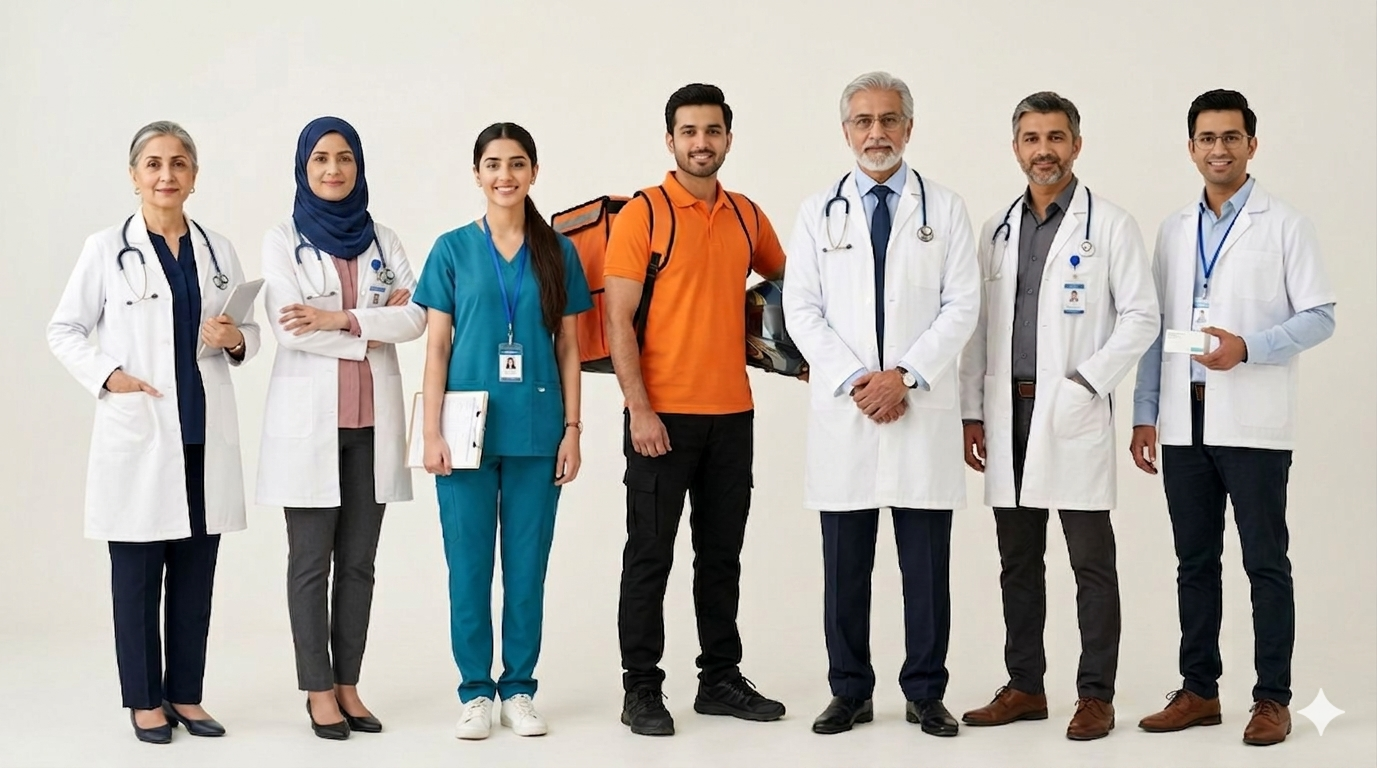 Ailaaj's healthcare team — pharmacists, doctors, nurses and delivery riders representing Pakistan's care network