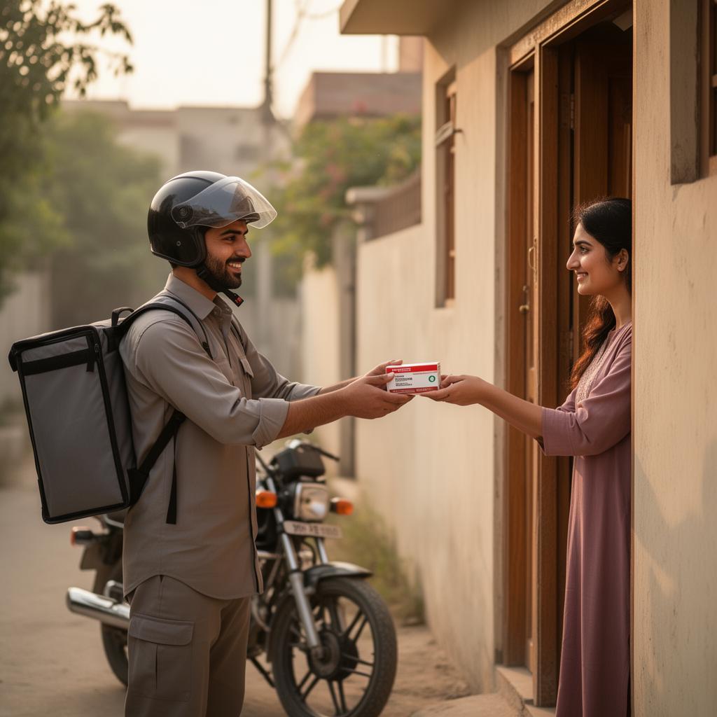 124 cities, every month Delivery rider handing a medicine package to a customer at a doorstep