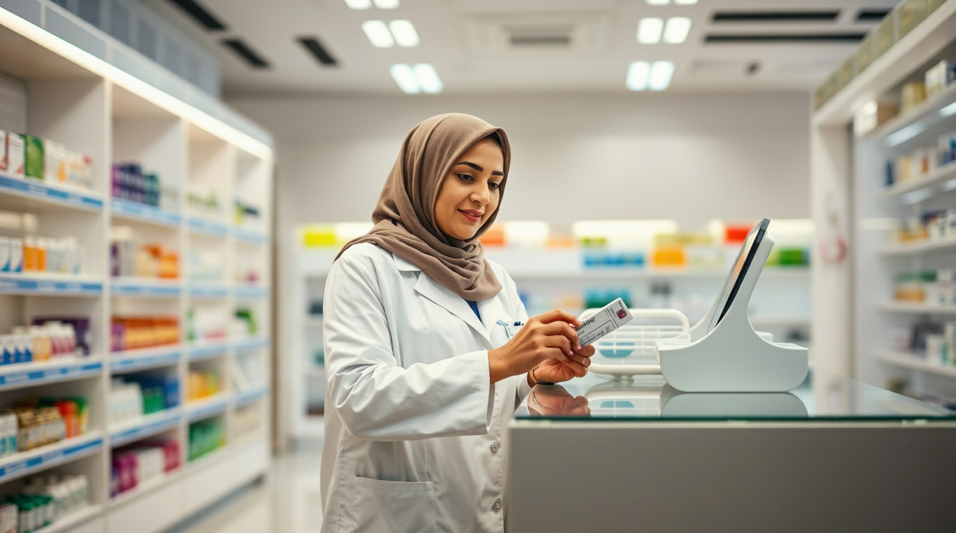 Ailaaj — software you can see at the pharmacy counter A female Pakistani pharmacist in a hijab and white lab coat scanning a medicine package at a modern pharmacy counter