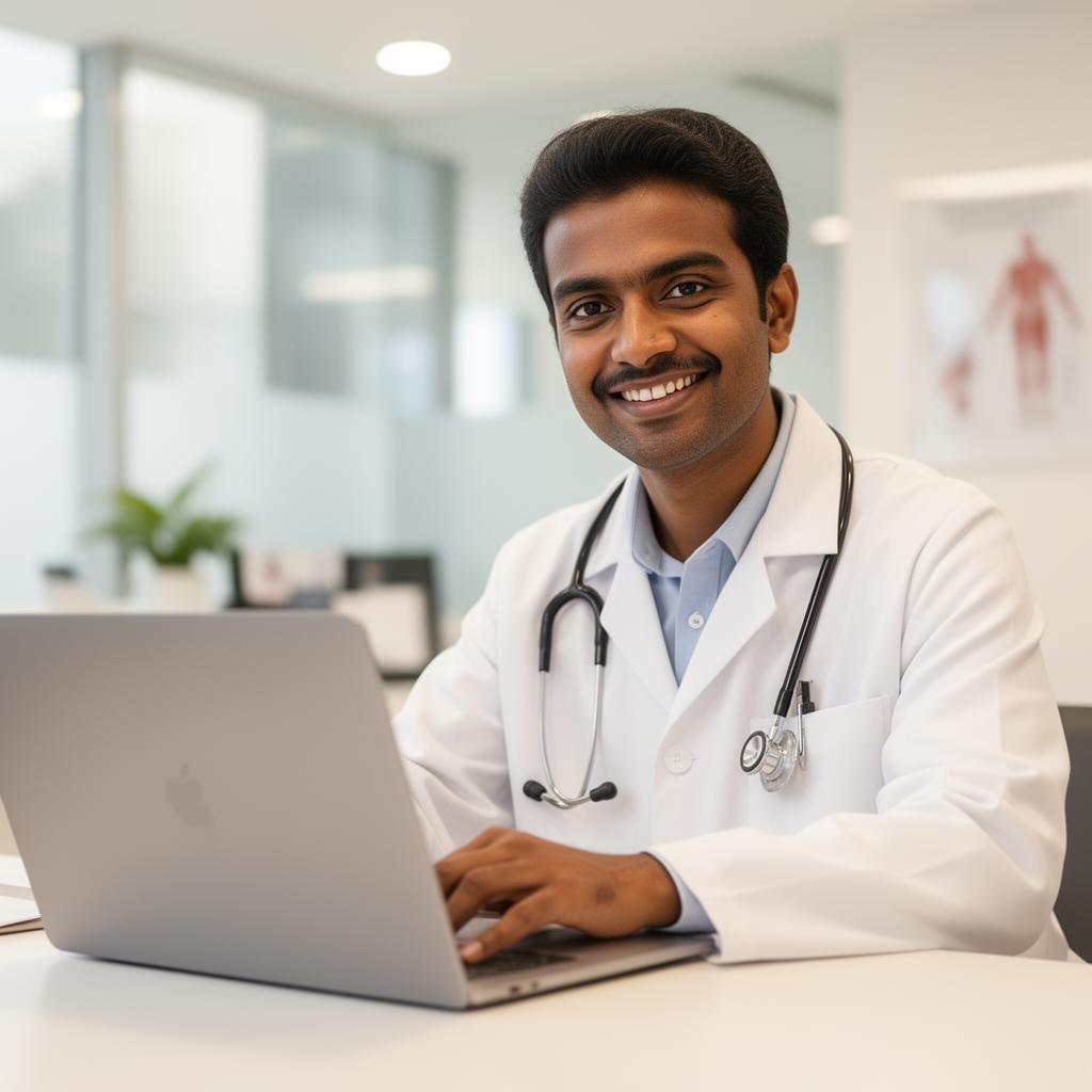 A doctor, a click away Doctor in a white coat on a telehealth consultation